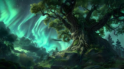 Majestic Tree of Life Amid Cosmic Aurora and Starry Skies