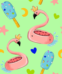 A summer pattern, a background with objects for recreation, weekends, and travel. Vector. Beach accessories, fruit ice, ice cream