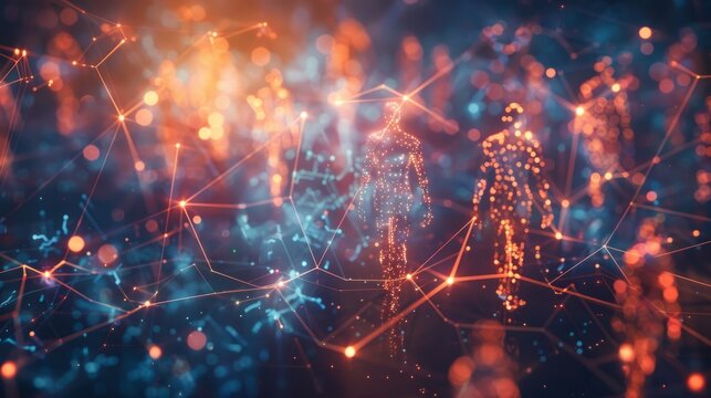 The image is showing a group of people walking through a field of glowing lights