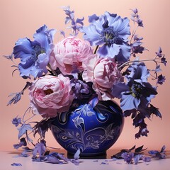 A lush bouquet of electric blue blooms in a glossy magenta vase and light pink backdrop.