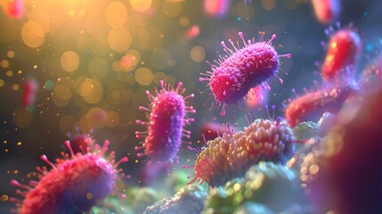 A detailed illustration of bacteria, showcasing their unique shapes and textures in vibrant colors. The background is a blurred representation of the human body's golden color, indicating healthy cell
