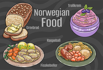 A visually appealing set of hand-drawn vector illustrations featuring traditional Norwegian cuisine on a dark background.