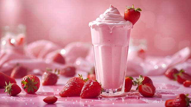 A glass of strawberry milkshake on a pink background, with strawberries around it. The drink is made from fresh strawberries and milk
