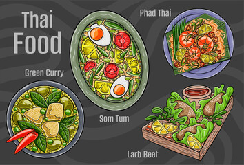 Thai popular food. A set of classic dishes. Cartoon hand drawn illustration.