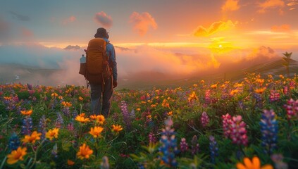 Fototapeta premium Amidst a field of wildflowers, a hiker pauses to admire the vibrant blooms, bathed in the soft glow of dawn. Nature's beauty serves as a backd