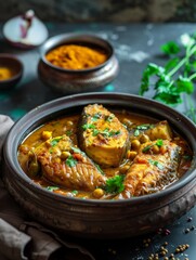 Aromatic Bangladeshi Hilsa fish curry served in a traditional bowl, seasoned with vibrant turmeric and flavorful mustard seeds. A delightful representation of South Asian cuisine.