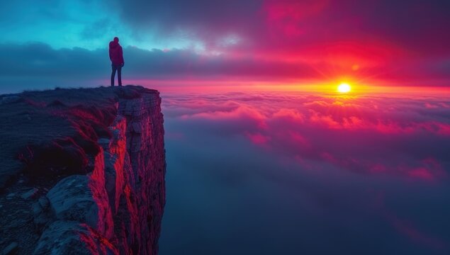 Bathed in the soft light of dawn, a hiker stands at the edge of a cliff, their silhouette a stark contrast against the vibrant colors of the sunrise.