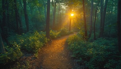 Obraz premium The camera follows a winding trail through a dense forest, dappled sunlight filtering through the leaves overhead. Each step forward is a step deeper into the heart of the wilderness.