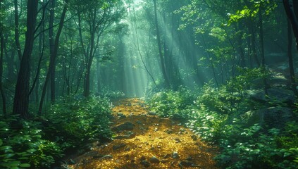 Obraz premium The camera follows a winding trail through a dense forest, dappled sunlight filtering through the leaves overhead. Each step forward is a step deeper into the heart of the wilderness.