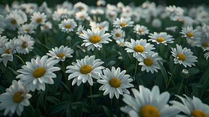 A large field of white daisies, with the petals and yellow center flower heads creating an abundant effect. 
