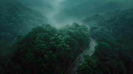 Aerial Perspective of Mystical Winding Forest Road Through Misty Mountains