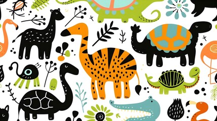 Colorful Whimsical Animal Pattern on White Background