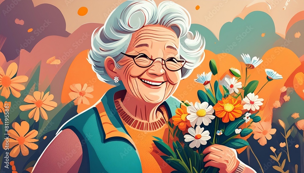 Wall mural generated image of happy grandmother with flowers in her hand