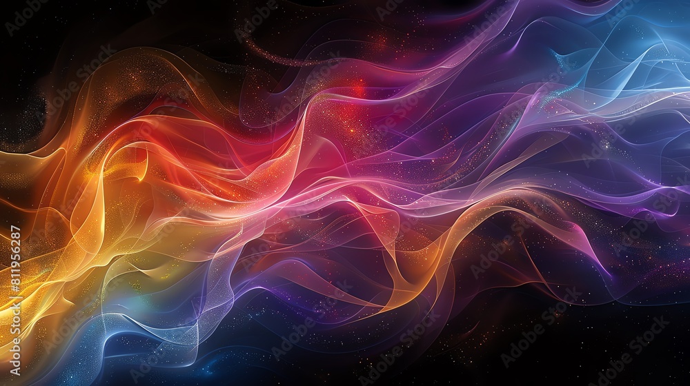 Poster Abstract digital art featuring fluid rainbow patterns flowing across a dark backdrop