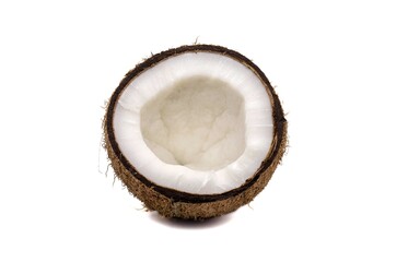 Half Coconut Piece with Coconut Flesh Isolated on White Background with Copy Space