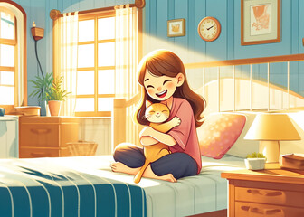Young woman lovingly hugging her cat at home