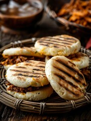 Venezuelan arepas, cornmeal cakes stuffed with cheese, pulled pork, or beans, served on a woven basket. A traditional and flavorful dish from Venezuela.