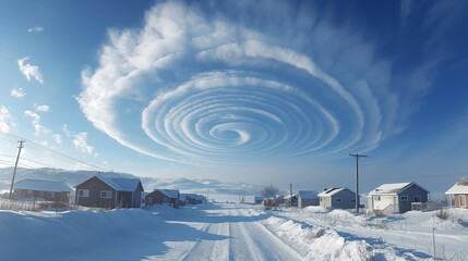 Unusual vortex lenticular clouds against the background of the houses of a snow-covered village