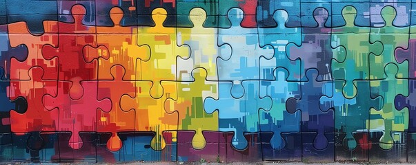 Rainbow puzzle pieces coming together in a mural, symbolizing unity in diversity at an educational center