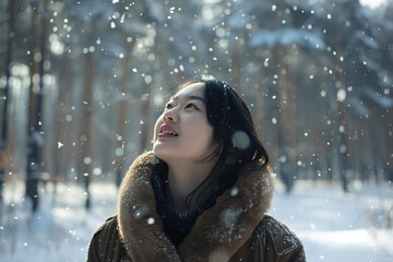 Young Asian Woman in Wintry Wonderland: Snowy Forest Scene with Trees and Falling Snowflakes