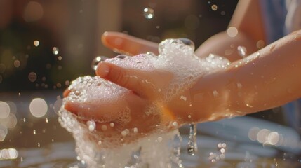 Fototapeta premium little kid hands wash with soap bubbles and rinse with clean water to prevent and stop the spread of germs after back to home, virus or covid19. Good health and good personal hygiene, virus, bacteria