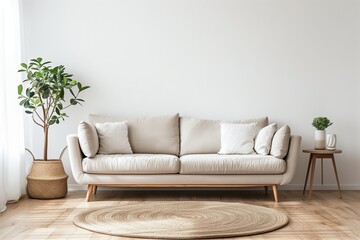 Fototapeta premium Minimal and modern boho home interior design. White sofa and a coffee table and a plant on each side of the sofa and a round carpet in a living room with white walls. Copy space