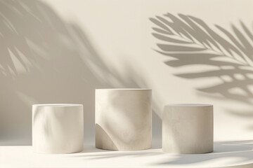 Simple white podium for the presentation of the product. white background with plant shadows. Minimal. 3D rendering. Pedestals.	