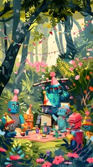 Playful Robots Exploring a Vibrant Jungle Landscape