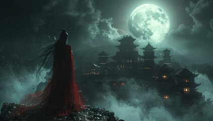 Dark Clouds and Moonlight Highlight the Red Clothed Girl in Chinese Temple
