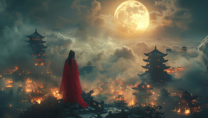 Ethereal Moonlight on Red Clothed Girl in Ancient Chinese Style Temple