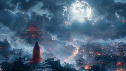 Serene Night at Chinese Temple with Red Clothed Girl on Stone Platform