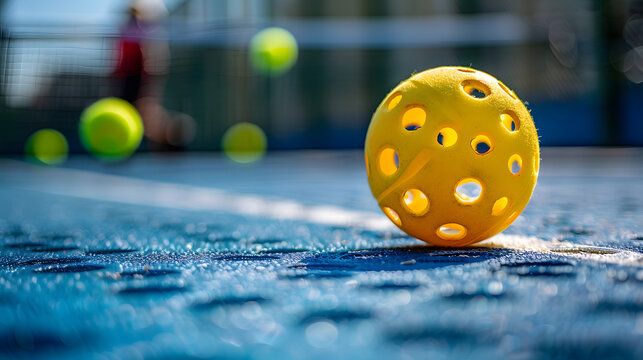 Pickleball equipment: Pickleball ball on the blue court. The Fast-Growing Racquet Sport