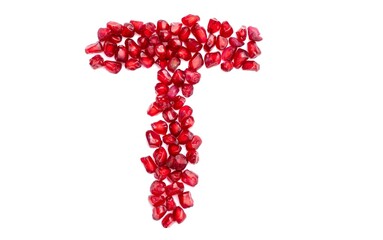 T English Alphabet Capital Letter Written with Pomegranate Seeds Isolated on White Background,...