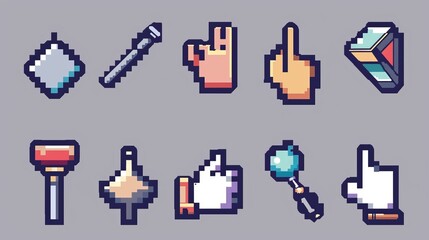 Pixel cursor or computer mouse pointer icons set. Pixel art cursors - arrows, hand click pointers, magnifier and hourglass. Pixelated computer mouse icons in 8 bit style. Vector. 