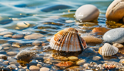 Sea shells and stones on the beach near the ocean - Powered by Adobe