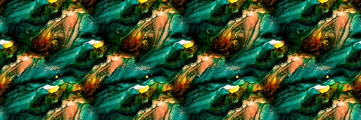 Green Seamless Marble. Alcohol Ink Abstract. Multicolor Seamless Texture. Kaleidoscope Flower. Cosmos Abstraction Oil. Bright Ink Color.