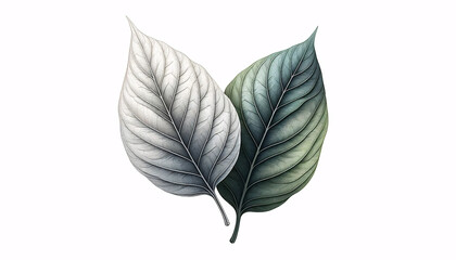 illustration of two leaves, one showing a delicate gradient from white to gray and the other from light to dark green