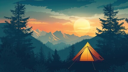 Namiot w kształcie kopuły ustawiony pośrodku gęstego lasu podczas zachodu słońca. Ostre konary otaczają strukturę, a słońce emituje ciepłe światło na tle nieba