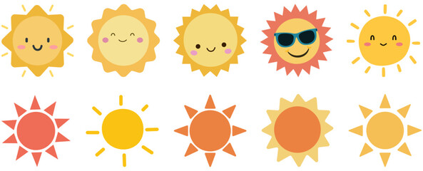Cute sun vector icon set isolated on white background.
