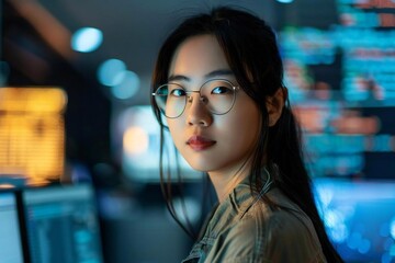 Obraz premium Young Asian Woman in the Tech Industry: Coding, Network Maintenance, and Artificial Intelligence