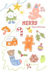 Santa Claus , Ginger bread cookie, present, garland, cherry and star in Christmas party. illustration card decoration.