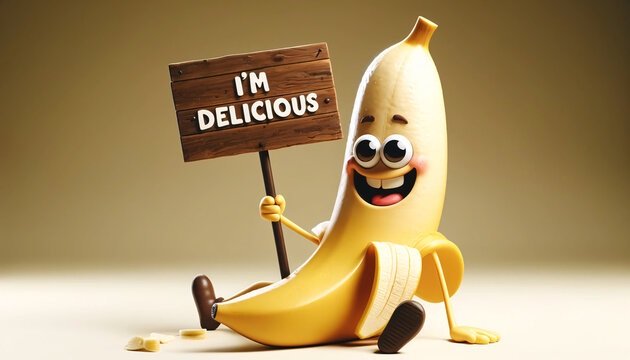 a cartoon banana character with a joyful expression, sitting and partially peeled