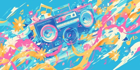 1990s party, neon yellow and pink and blue patterns, boombox in the middle of the picture, vintage pattern background