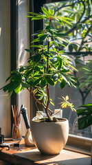 Immaculate Care of a Vibrant Indoor Umbrella Plant in a Sunny Setting