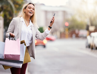 Taxi, shopping and happy woman with bags in city for sale notification, retail bargain or boutique...
