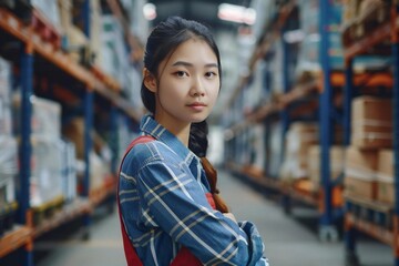 Young Asian Woman Manages Efficient Freight Transport at Logistic Center