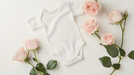 white baby body mockup no text no image, pink roses on a simple flatlay background