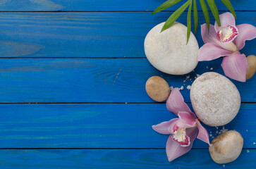 Composition with orchids and massage stones on wooden background, top view