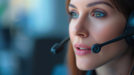 A young woman works in a call center. She answers calls. She helps people. She answers questions. Communication.