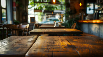 wooden top table cafe in background